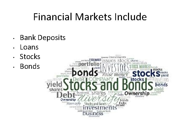 Financial Markets Include • • Bank Deposits Loans Stocks Bonds 