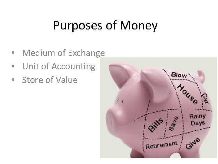 Purposes of Money • Medium of Exchange • Unit of Accounting • Store of