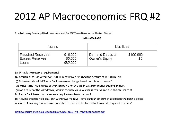 2012 AP Macroeconomics FRQ #2 The following is a simplified balance sheet for Mi