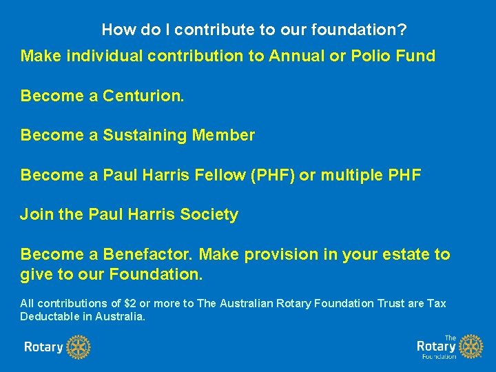 How do I contribute to our foundation? Make individual contribution to Annual or Polio