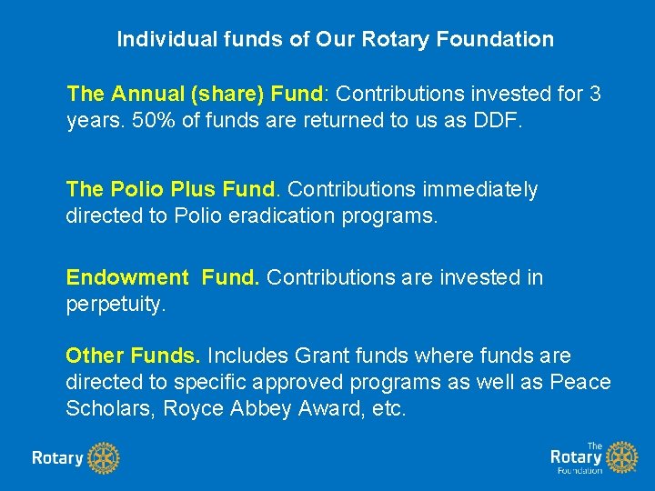 Individual funds of Our Rotary Foundation The Annual (share) Fund: Contributions invested for 3