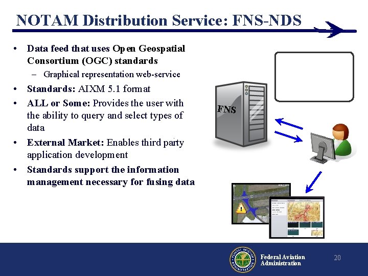 NOTAM Distribution Service: FNS-NDS • Data feed that uses Open Geospatial Consortium (OGC) standards NOTAM Distribution Service: FNS-NDS • Data feed that uses Open Geospatial Consortium (OGC) standards