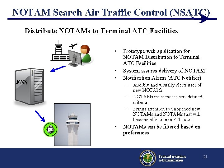 NOTAM Search Air Traffic Control (NSATC) Distribute NOTAMs to Terminal ATC Facilities • FNS NOTAM Search Air Traffic Control (NSATC) Distribute NOTAMs to Terminal ATC Facilities • FNS