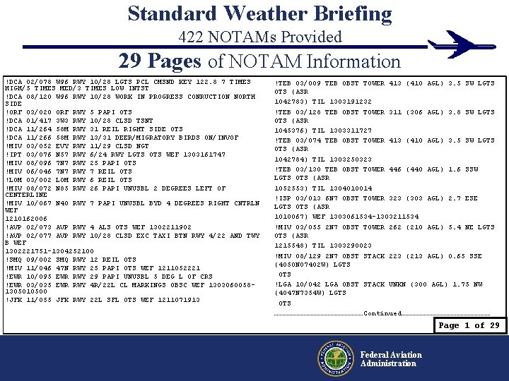 Standard Weather Briefing 422 NOTAMs Provided 29 Pages of NOTAM Information !DCA 02/078 W Standard Weather Briefing 422 NOTAMs Provided 29 Pages of NOTAM Information !DCA 02/078 W