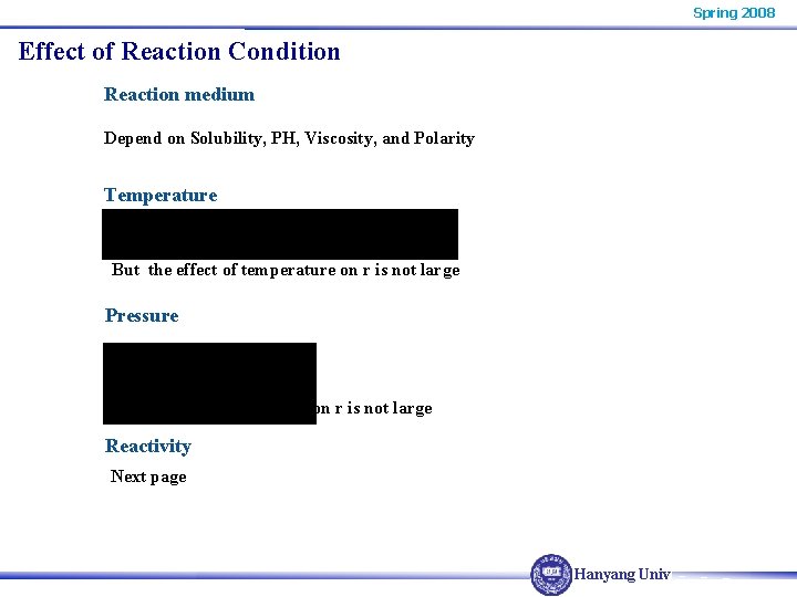 Spring 2008 Effect of Reaction Condition Reaction medium Depend on Solubility, PH, Viscosity, and