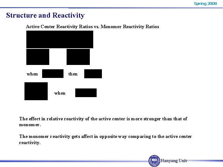 Spring 2008 Structure and Reactivity Active Center Reactivity Ratios vs. Monomer Reactivity Ratios when