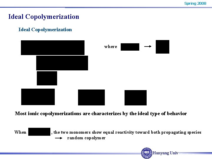 Spring 2008 Ideal Copolymerization where Most ionic copolymerizations are characterizes by the ideal type