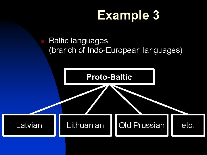 Example 3 n Baltic languages (branch of Indo-European languages) Proto-Baltic Latvian Lithuanian Old Prussian