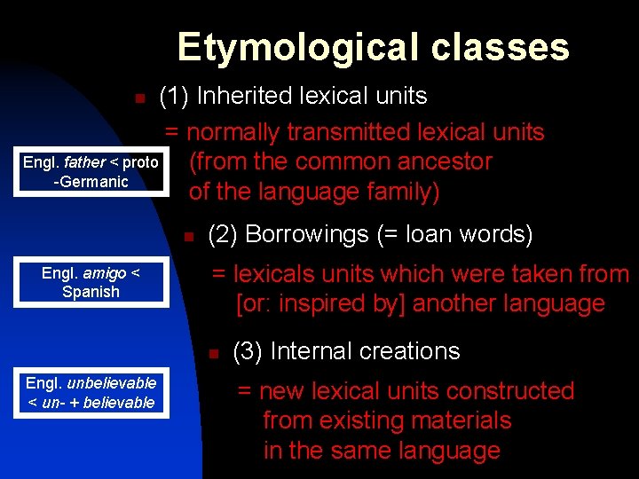 Etymological classes (1) Inherited lexical units = normally transmitted lexical units Engl. father <