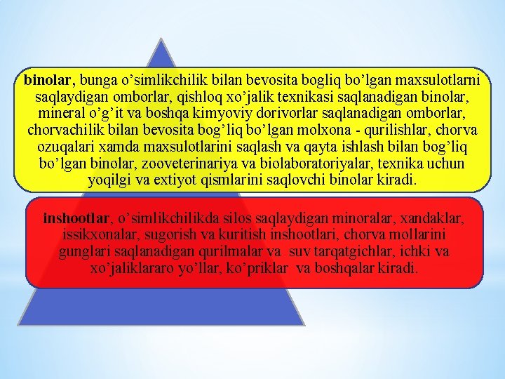 binolar, bunga o’simlikchilik bilan bevosita bogliq bo’lgan maxsulotlarni saqlaydigan omborlar, qishloq xo’jalik texnikasi saqlanadigan