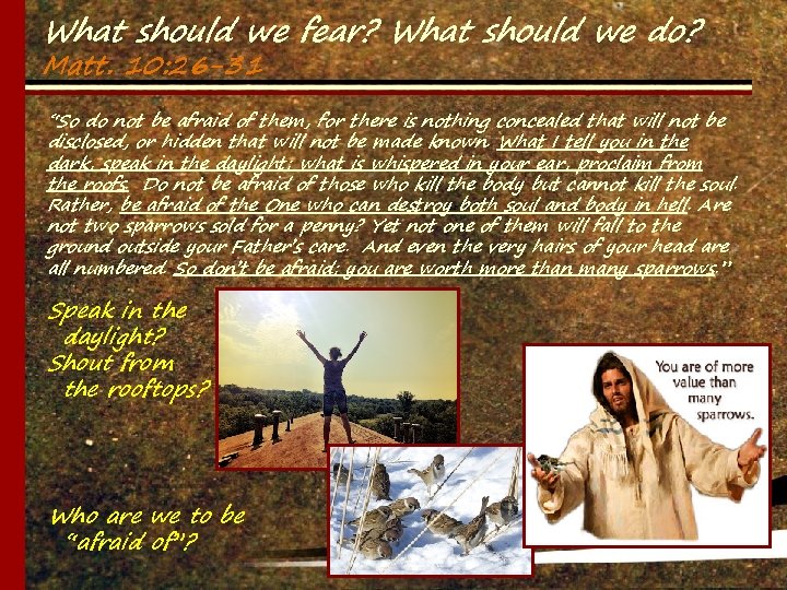 What should we fear? What should we do? Matt. 10: 26 -31 “So do