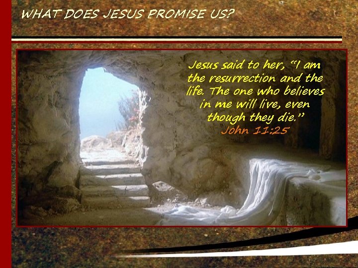 WHAT DOES JESUS PROMISE US? Jesus said to her, “I am the resurrection and