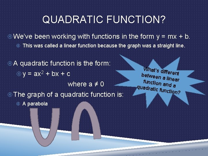 QUADRATIC FUNCTION? We’ve been working with functions in the form y = mx +