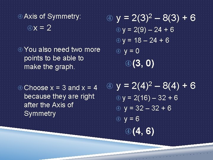  Axis of Symmetry: x = 2 y = 2(3)2 – 8(3) + 6