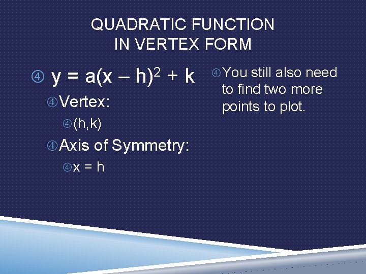 QUADRATIC FUNCTION IN VERTEX FORM y = a(x – h)2 + k Vertex: (h,
