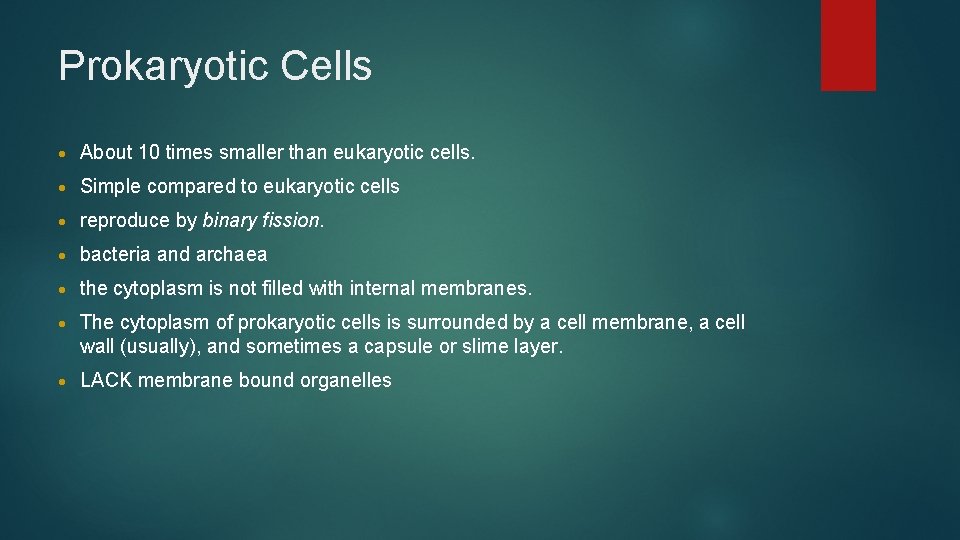 Prokaryotic Cells • About 10 times smaller than eukaryotic cells. • Simple compared to