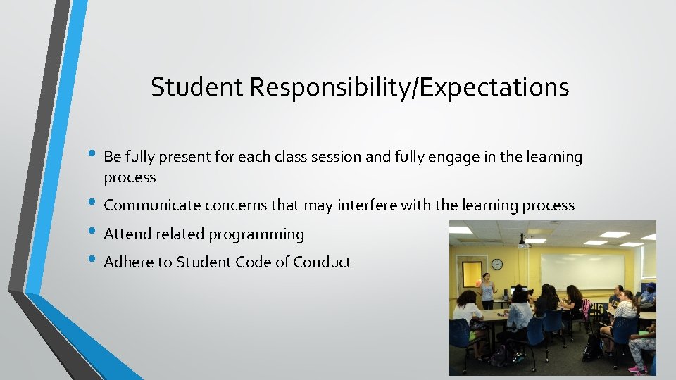 Student Responsibility/Expectations • Be fully present for each class session and fully engage in