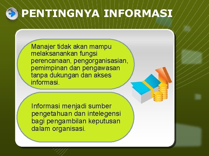 PENTINGNYA INFORMASI Manajer tidak akan mampu melaksanankan fungsi perencanaan, pengorganisasian, pemimpinan dan pengawasan tanpa