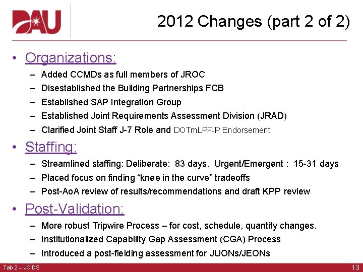 2012 Changes (part 2 of 2) • Organizations: – – – Added CCMDs as