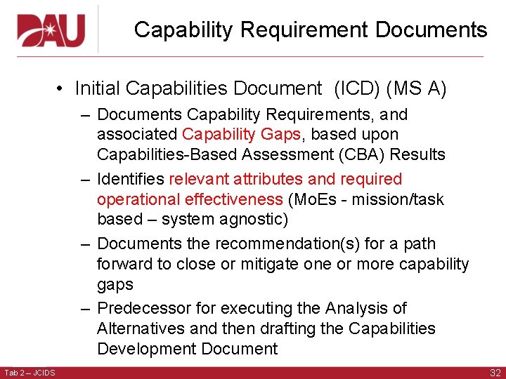Capability Requirement Documents • Initial Capabilities Document (ICD) (MS A) – Documents Capability Requirements, Capability Requirement Documents • Initial Capabilities Document (ICD) (MS A) – Documents Capability Requirements,