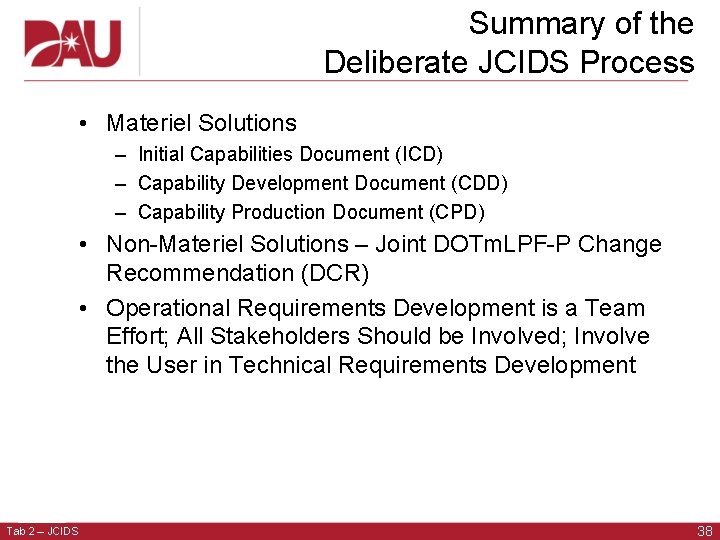 Summary of the Deliberate JCIDS Process • Materiel Solutions – Initial Capabilities Document (ICD)