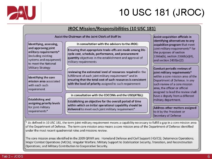 10 USC 181 (JROC) Tab 2 – JCIDS 6 