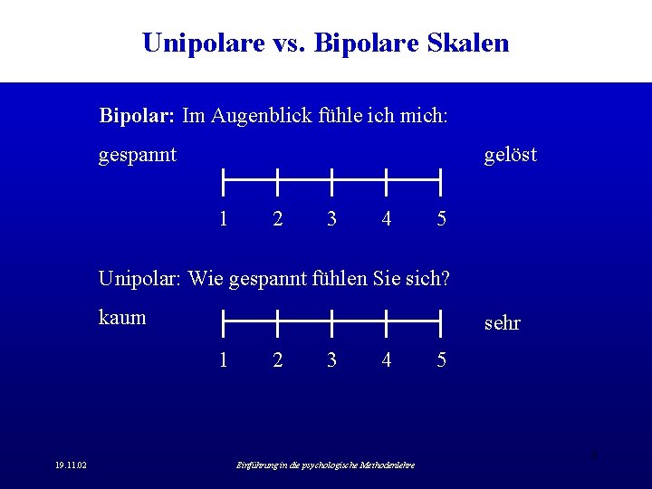 Unipolare vs. Bipolare Skalen Bipolar: Im Augenblick fühle ich mich: gespannt gelöst 1 2