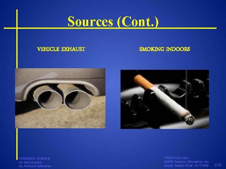 Sources (Cont. ) VEHICLE EXHAUST FORENSIC SCIENCE An Introduction By Richard Saferstein SMOKING INDOORS