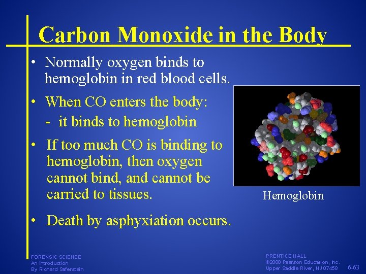 Carbon Monoxide in the Body • Normally oxygen binds to hemoglobin in red blood Carbon Monoxide in the Body • Normally oxygen binds to hemoglobin in red blood