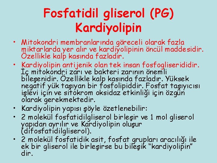 Fosfatidil gliserol (PG) Kardiyolipin • Mitokondri membranlarında göreceli olarak fazla miktarlarda yer alır ve