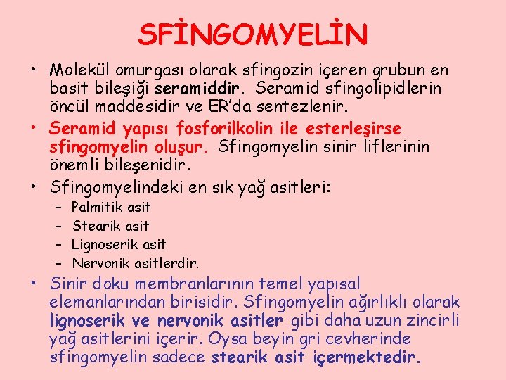 SFİNGOMYELİN • Molekül omurgası olarak sfingozin içeren grubun en basit bileşiği seramiddir. Seramid sfingolipidlerin