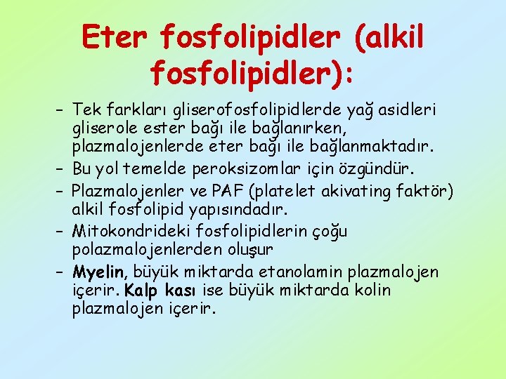 Eter fosfolipidler (alkil fosfolipidler): – Tek farkları gliserofosfolipidlerde yağ asidleri gliserole ester bağı ile