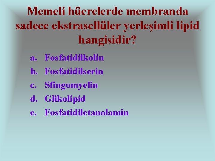 Memeli hücrelerde membranda sadece ekstrasellüler yerleşimli lipid hangisidir? a. b. c. d. e. Fosfatidilkolin