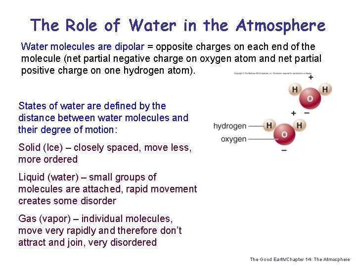 The Role of Water in the Atmosphere Water molecules are dipolar = opposite charges