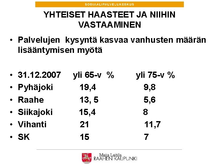 YHTEISET HAASTEET JA NIIHIN VASTAAMINEN • Palvelujen kysyntä kasvaa vanhusten määrän lisääntymisen myötä •