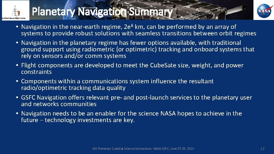 Goddard Space Flight Center Planetary Navigation Summary • Navigation in the near-earth regime, 2