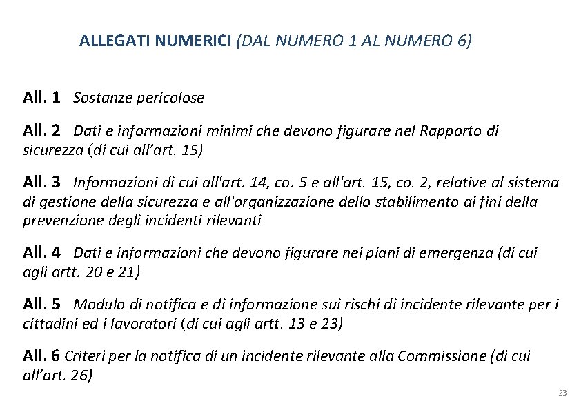 ALLEGATI NUMERICI (DAL NUMERO 1 AL NUMERO 6) All. 1 Sostanze pericolose All. 2