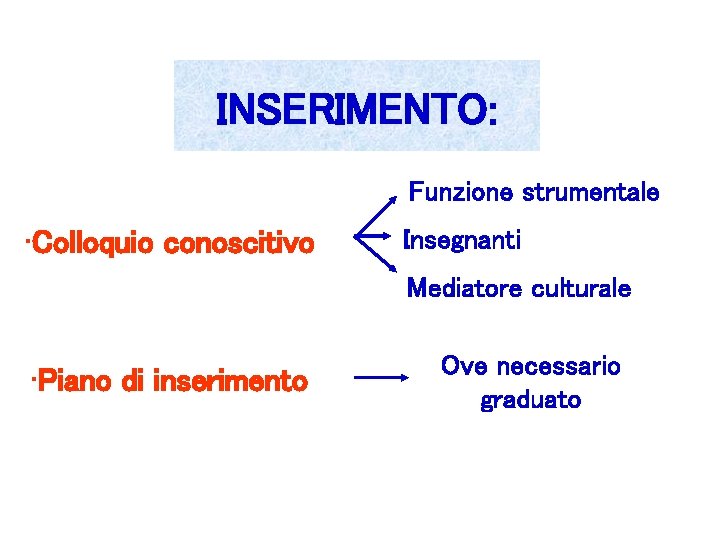 INSERIMENTO: Funzione strumentale • Colloquio conoscitivo Insegnanti Mediatore culturale • Piano di inserimento Ove