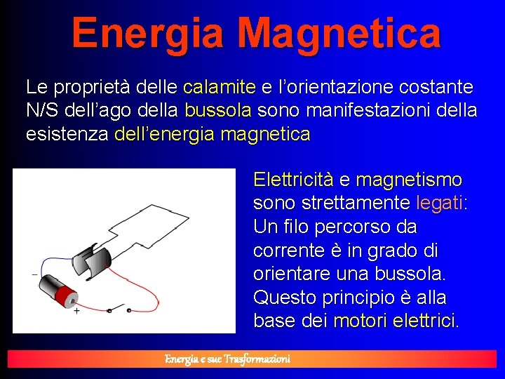 Energia Magnetica Le proprietà delle calamite e l’orientazione costante N/S dell’ago della bussola sono