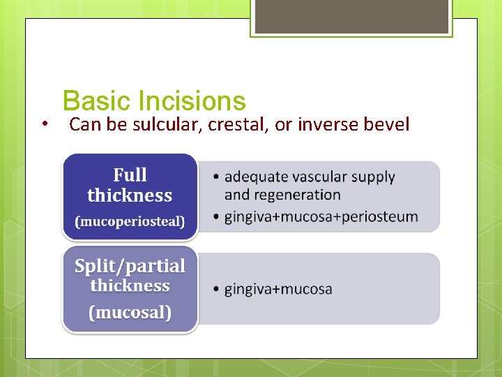 Basic Incisions • Can be sulcular, crestal, or inverse bevel 