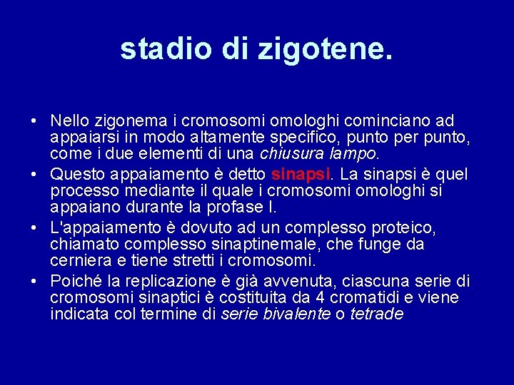 stadio di zigotene. • Nello zigonema i cromosomi omologhi cominciano ad appaiarsi in modo