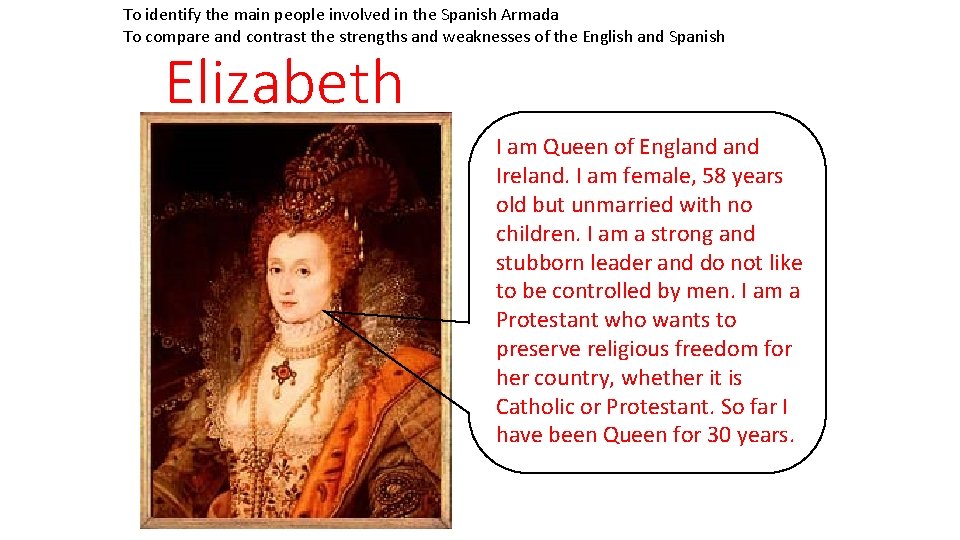 To identify the main people involved in the Spanish Armada To compare and contrast