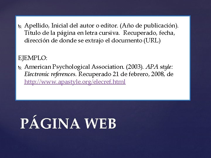  Apellido, Inicial del autor o editor. (Año de publicación). Título de la página