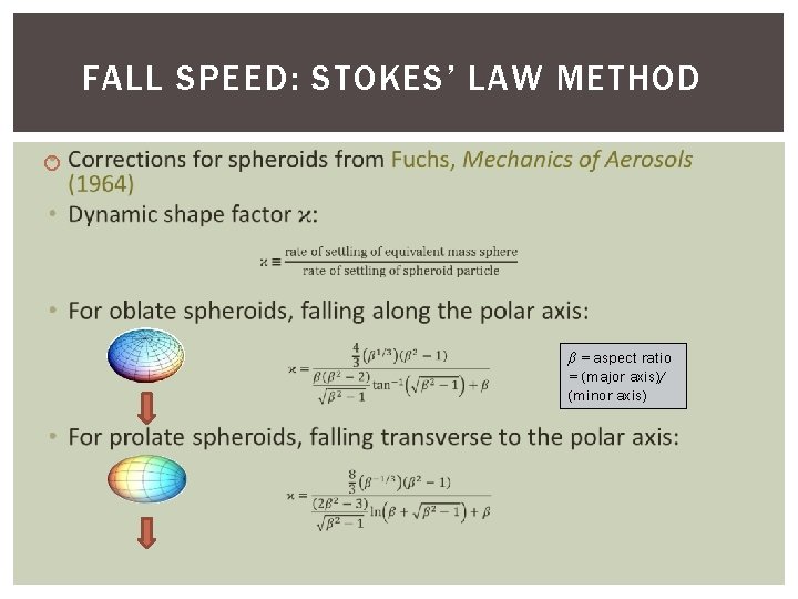 FALL SPEED: STOKES’ LAW METHOD β = aspect ratio = (major axis)/ (minor axis)