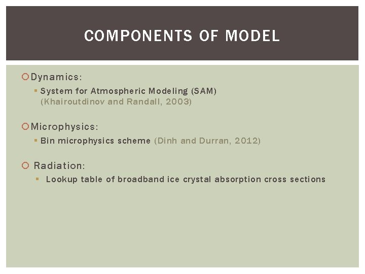 COMPONENTS OF MODEL Dynamics: § System for Atmospheric Modeling (SAM) (Khairoutdinov and Randall, 2003)