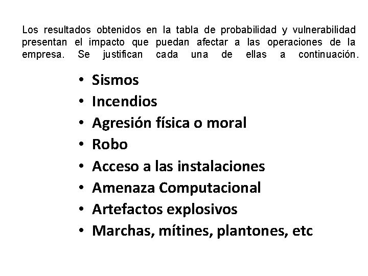 Los resultados obtenidos en la tabla de probabilidad y vulnerabilidad presentan el impacto que