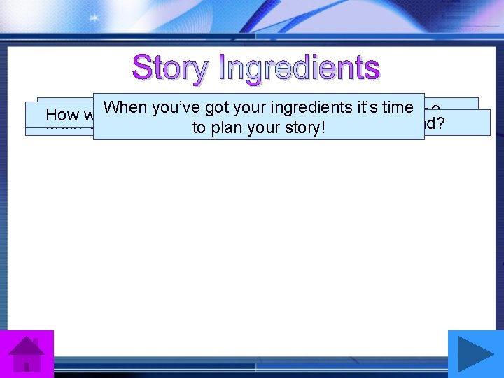 When you’ve got your ingredients time What is he/she doing? Whereit’s is he/she? How