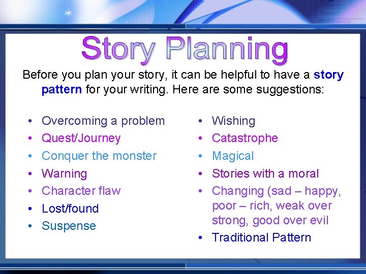 Before you plan your story, it can be helpful to have a story pattern