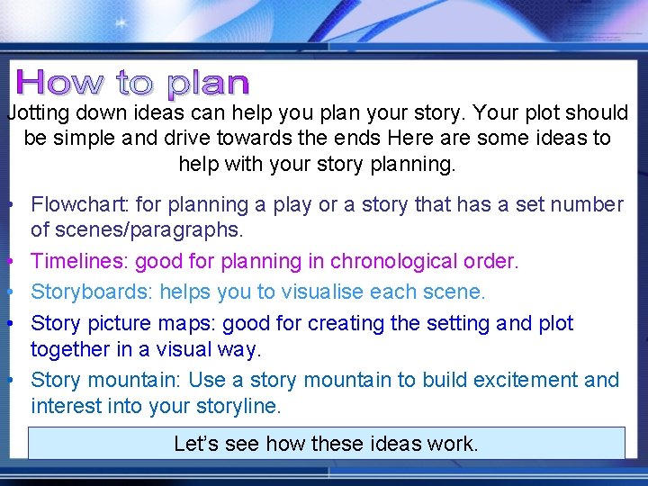 Jotting down ideas can help you plan your story. Your plot should be simple