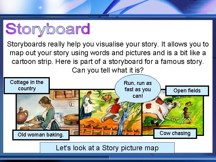 Storyboards really help you visualise your story. It allows you to map out your